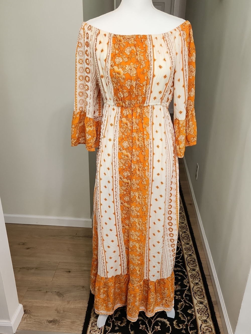 Lapogee Boho Floral Maxi Dress Orange Cream Size XL EUC